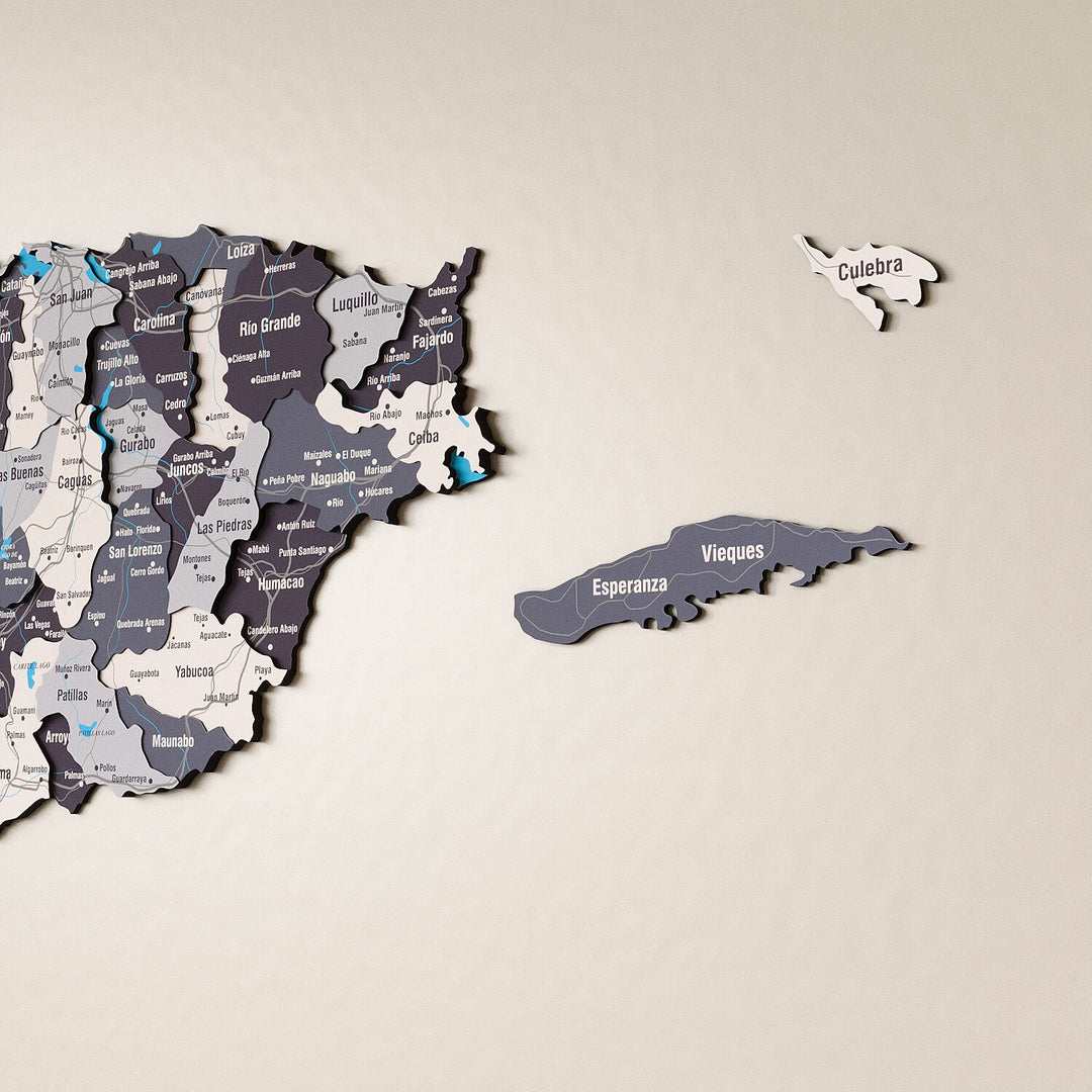 Porto Riko Haritası Ahşap Duvar Dekoru - UV Baskılı 3D Tasarım