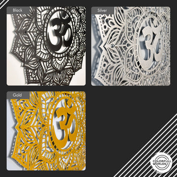 OM mandala metal tablonun siyah, gümüş ve altın renk seçeneklerini gösteren yakın çekim kolajı