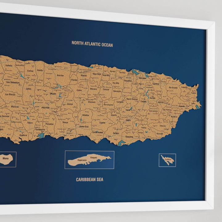 Porto Riko Haritası Çerçeveli Mantar Pano - UV Baskı Duvar Dekoru