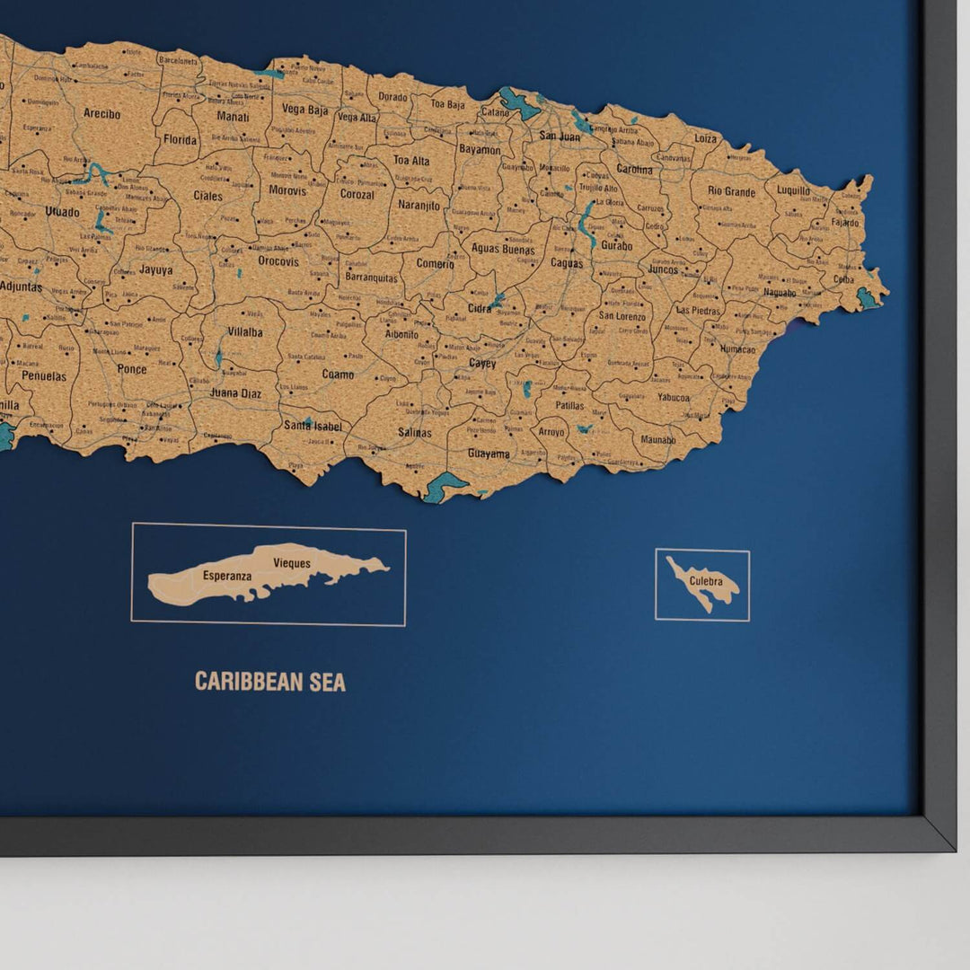 Porto Riko Haritası Çerçeveli Mantar Pano - UV Baskı Duvar Dekoru