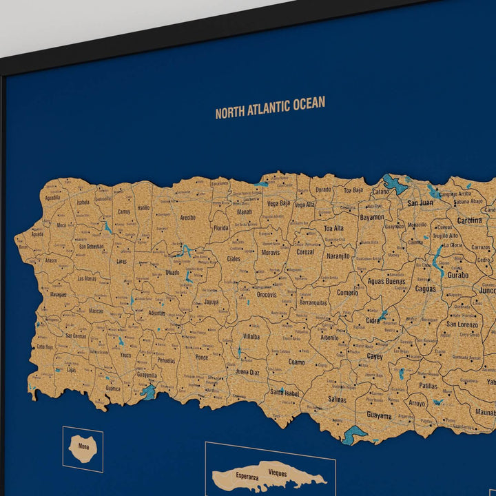Porto Riko Haritası Çerçeveli Mantar Pano - UV Baskı Duvar Dekoru