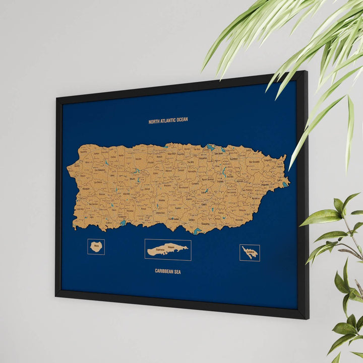 Porto Riko Haritası Çerçeveli Mantar Pano - UV Baskı Duvar Dekoru