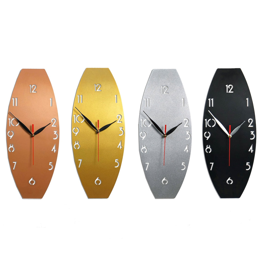 Rakamlı minimalist metal duvar saati, bakır, altın, gümüş ve siyah renk seçenekleri yan yana