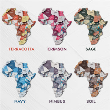 Ahşap harita renk seçenekleri: Terracotta, Crimson, Sage, Navy, Nimbus ve Soil, Afrika kıtası örneğiyle