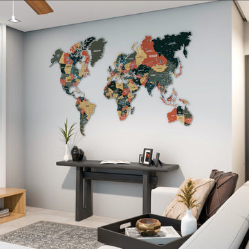 Sage metal dünya haritası, 200 x 126 cm, oturma odasında siyah konsol ve sehpa ile