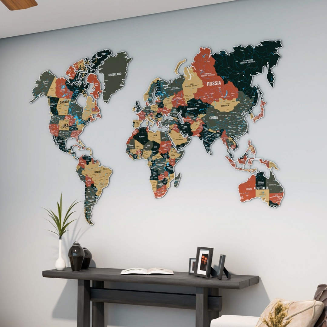 Renkli Baskı Metal Dünya Haritası (Sage)