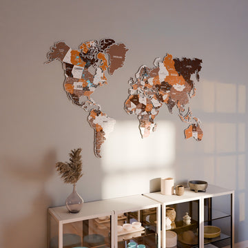 Soil metal dünya haritası, 150 x 95 cm, vitrinli dolabın üzerinde pembe-bej duvarda