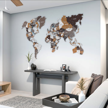 Soil metal dünya haritası, 200 x 126 cm, oturma odasında siyah konsol ve sehpa ile