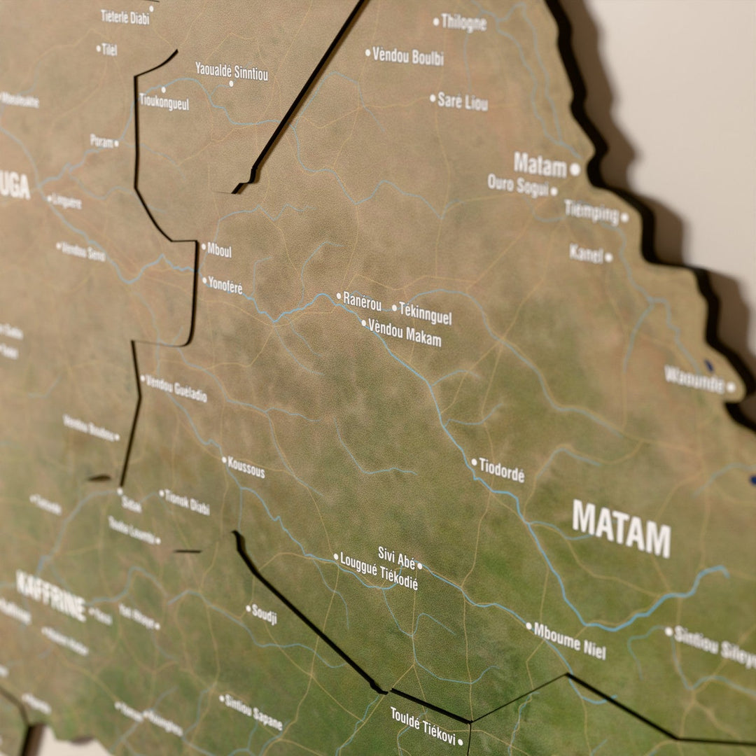 Senegal ahşap haritasında uydu görüntülü katmanlı bölgeler ve isimler, yakın plan