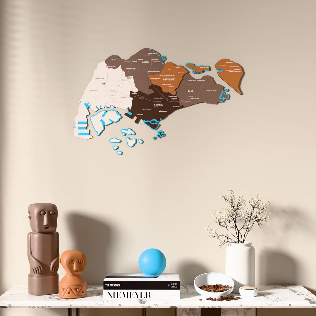 Singapur UV baskılı ahşap harita, Soil renk, mermer konsolun üzerindeki duvarda, önden görünüm
