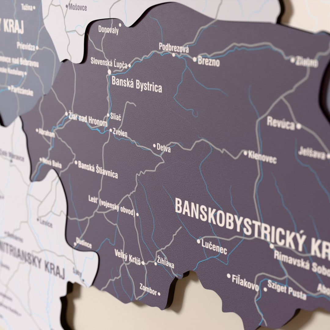 Slovakya ahşap haritasında Nimbus renk katmanlı bölgeler ve isimler, yakın plan