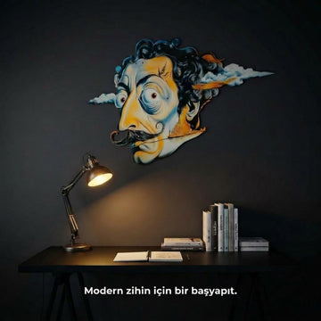 Sürrealist Dali metal tablo, çalışma masasının üzerindeki koyu duvarda, lamba yanında