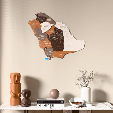 Suudi Arabistan UV baskılı ahşap harita, Soil renk, mermer konsolun üzerindeki duvarda, önden görünüm