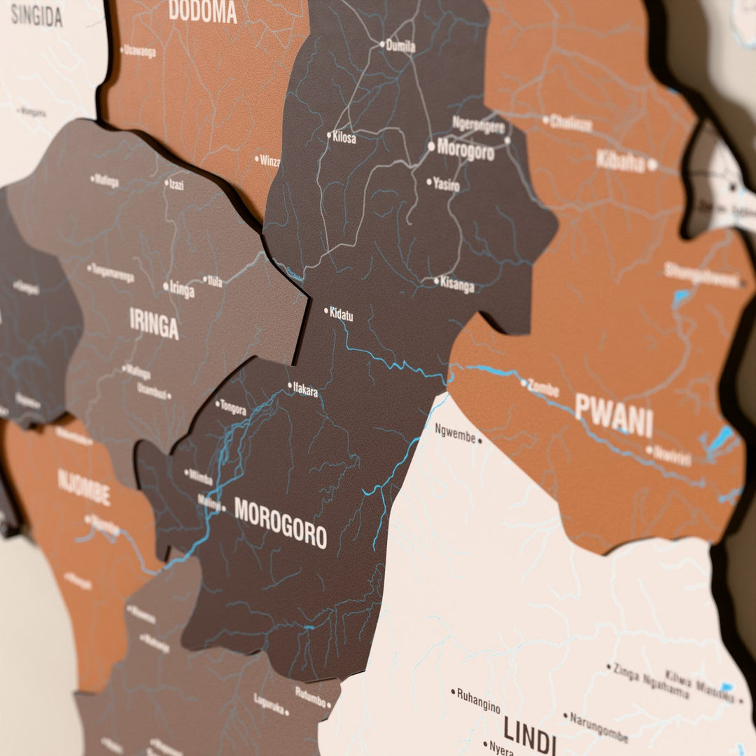 Tanzanya ahşap haritasında Soil renk katmanlı bölgeler ve isimler, yakın plan
