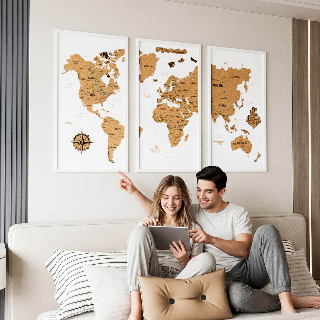 3 Parçalı Mantar Pano Dünya Haritası - Çerçeveli Modern Duvar Dekoru