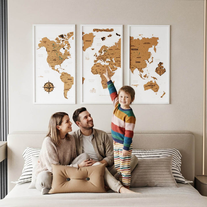 3 Parçalı Mantar Pano Dünya Haritası - Çerçeveli Modern Duvar Dekoru