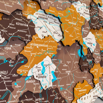 Soil Türkiye haritası yakın çekim, Konya, Isparta ve Afyonkarahisar çevresindeki il sınırları ve yazılar