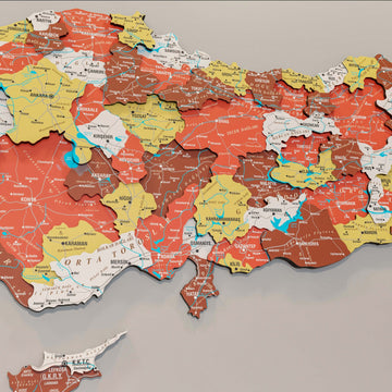 Terracotta Türkiye ahşap haritasında İç Anadolu, Akdeniz ve Kıbrıs, katmanlı yakın çekim detay