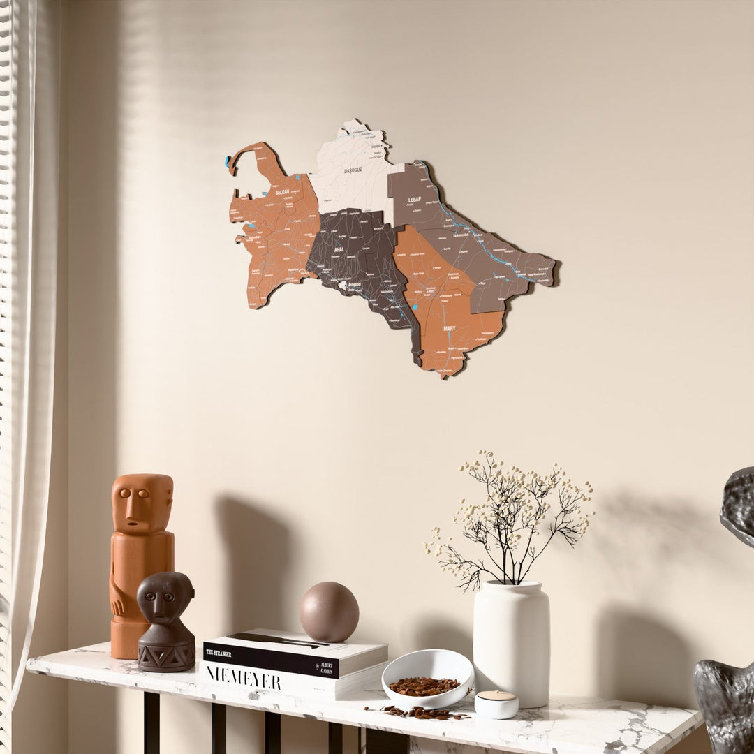 Türkmenistan UV baskılı ahşap harita, Soil renk, tül perdenin yanında açılı görünüm