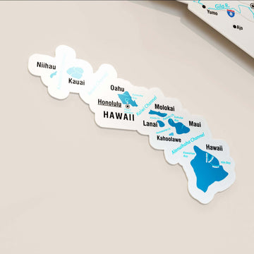 Navy renkli Hawaii adaları parçası yakın çekim, Oahu, Maui ve Hawaii adaları isimleriyle