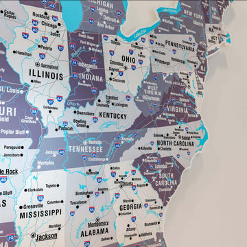 Nimbus ABD metal haritası yakın çekim, Illinois, Ohio ve Tennessee eyaletleri ve şehir isimleri