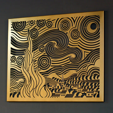 Altın Van Gogh Yıldızlı Gece metal tablosu yakın çekim, kesilmiş girdap ve ay deseni