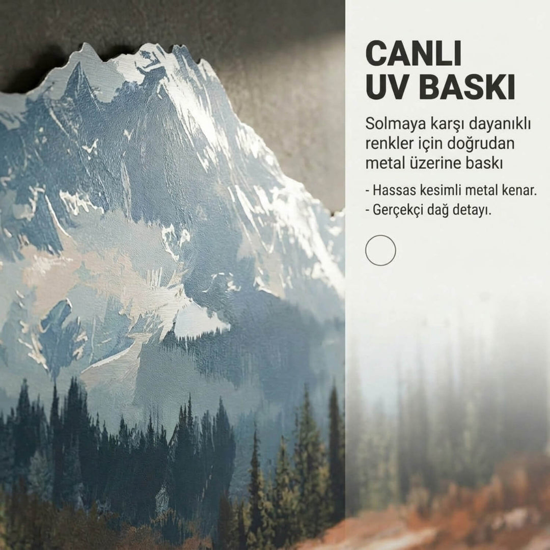 yansima detayli dag ve orman manzarali metal tablo canli uv baski ile kalitelidir colorfullworldstr