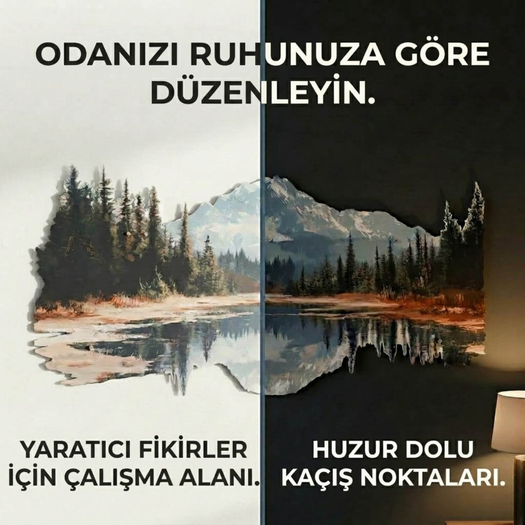 yansima detayli dag ve orman manzarali metal tablo kaliteli ozgun ve karakteristik bir dekordur colorfullworldstr