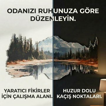 Dağ ve orman metal tablo bilgi görseli, açık ve koyu odada aynı tablonun yaratıcı fikirler ve huzur teması