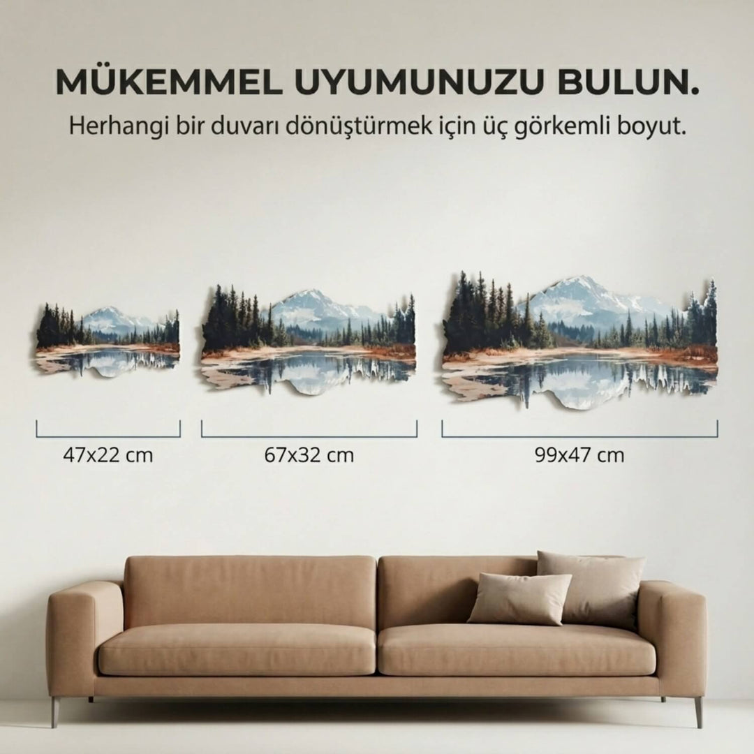 yansima detayli dag ve orman uv baskili metal tablonun 47x22 cm 67x32 cm ve 99x47 cm olmak uzere 3 boyut secenegi bulunur colorfullworldstr