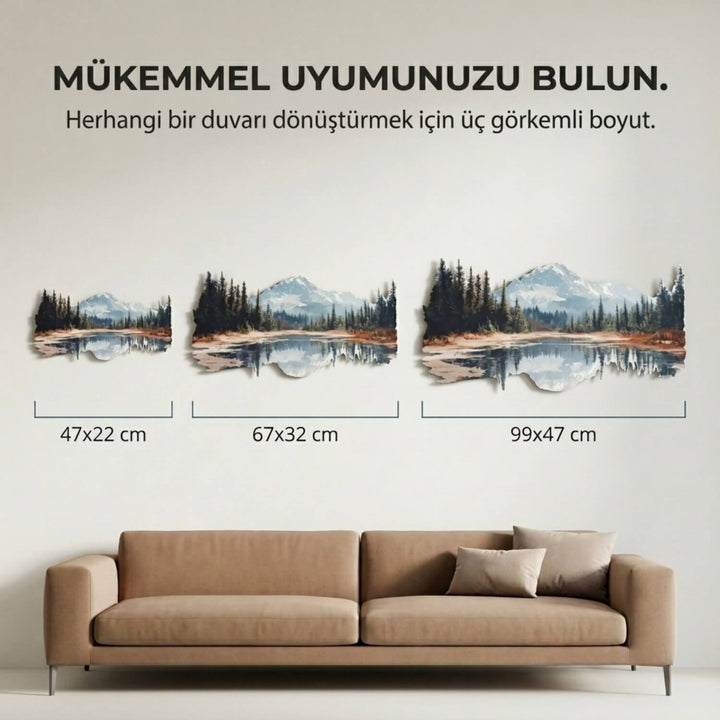 yansima detayli dag ve orman uv baskili metal tablonun 47x22 cm 67x32 cm ve 99x47 cm olmak uzere 3 boyut secenegi bulunur colorfullworldstr