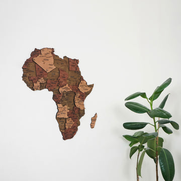 3D ahşap Afrika kıtası haritası, Large 54x60 cm, beyaz duvarda bitkinin yanında