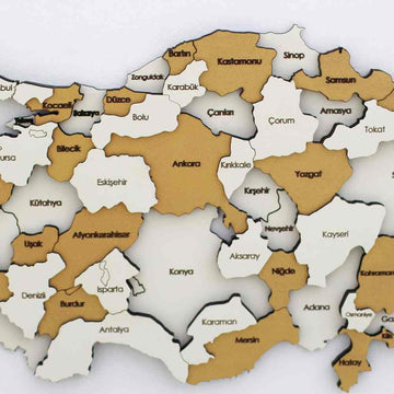 Sarı Türkiye ahşap haritasında Kastamonu, Ankara ve Antalya çevresi il yazıları, yakın çekim