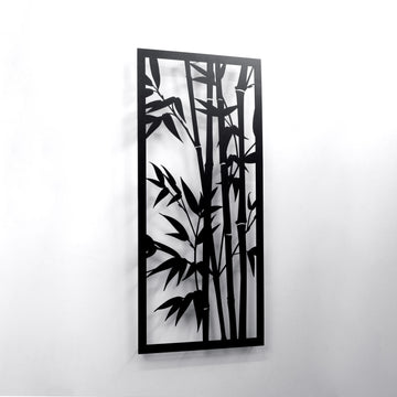 Bambu ağacı metal tablosu, siyah, sağdan eğik açıyla duvarda