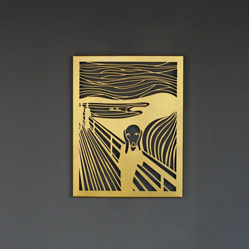 Altın Edvard Munch Çığlık metal duvar tablosu, koyu gri duvarda önden görünüm
