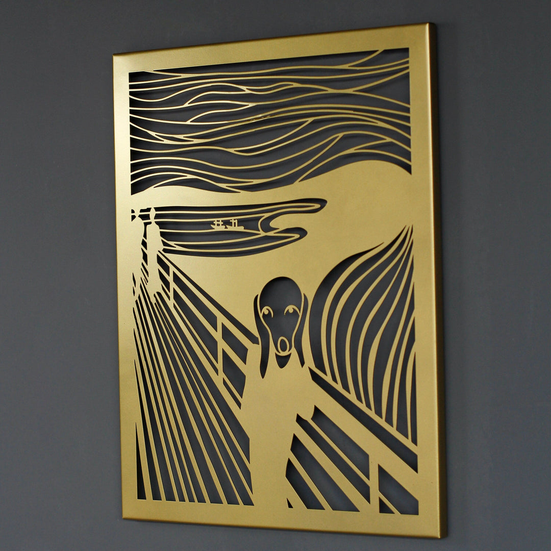 Altın Edvard Munch Çığlık metal tablosu, soldan açılı yakın plan ve çerçeve kenarı