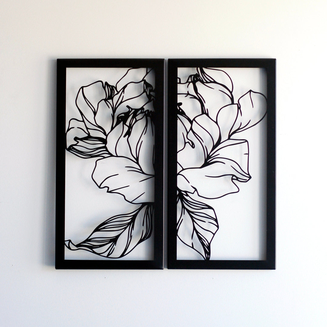 Siyah gül çiçeği metal duvar tablosu, iki parçalı çerçeveli tasarım, 60x59 cm, beyaz duvarda önden