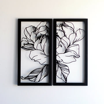 Siyah gül çiçeği metal duvar tablosu, iki parçalı çerçeveli tasarım, 60x59 cm, beyaz duvarda önden