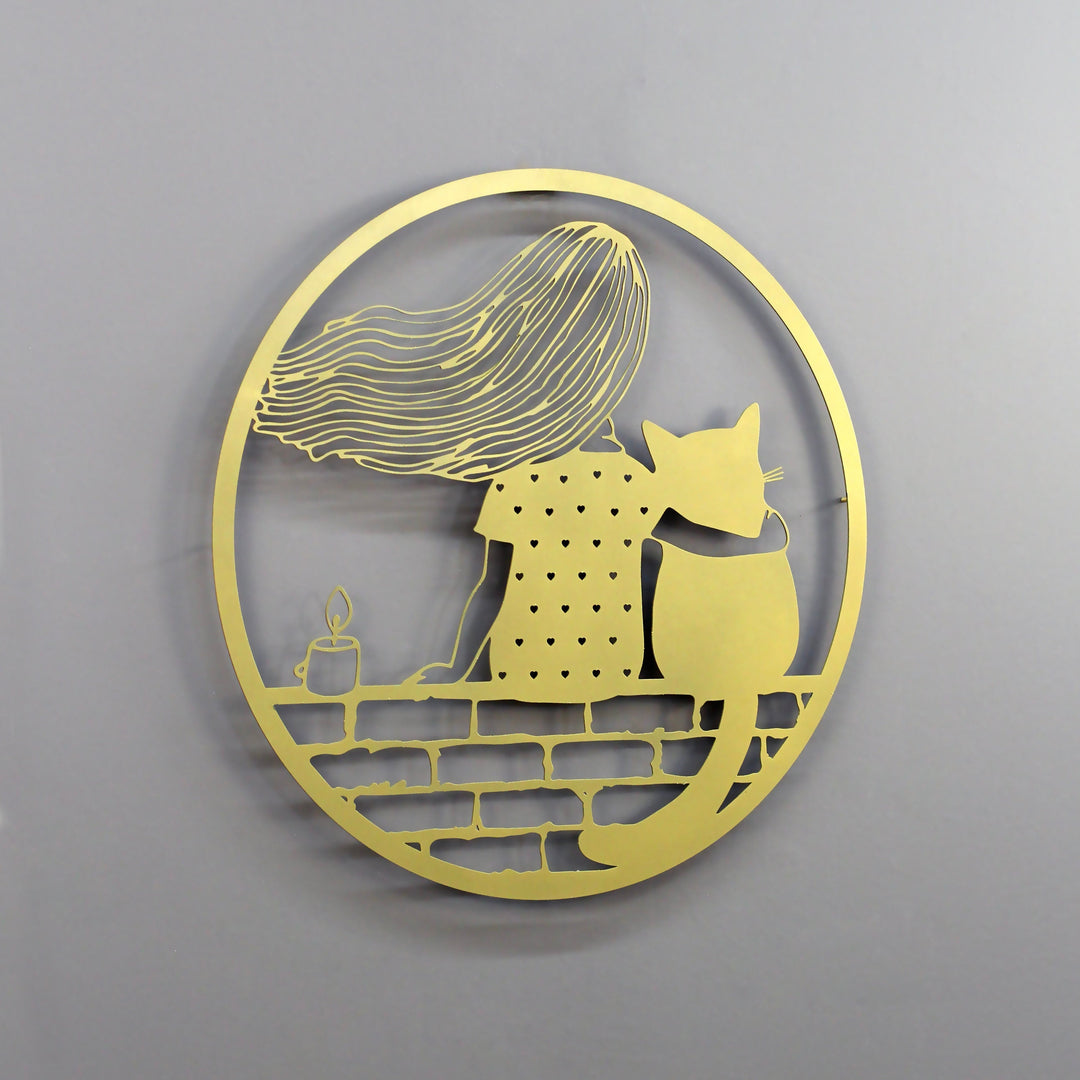 Kız ve Kedi Dekoratif Metal Duvar Tablosu - Metal Dekor