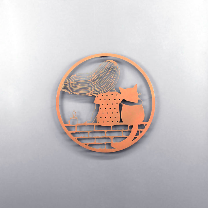 Kız ve Kedi Dekoratif Metal Duvar Tablosu - Metal Dekor