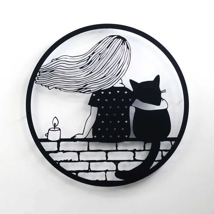 Kız ve Kedi Dekoratif Metal Duvar Tablosu - Metal Dekor