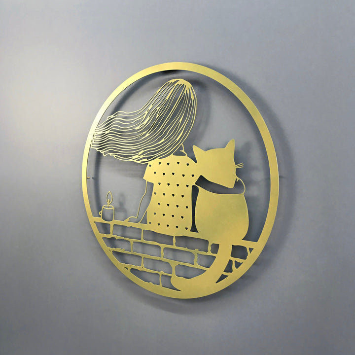 Kız ve Kedi Dekoratif Metal Duvar Tablosu - Metal Dekor