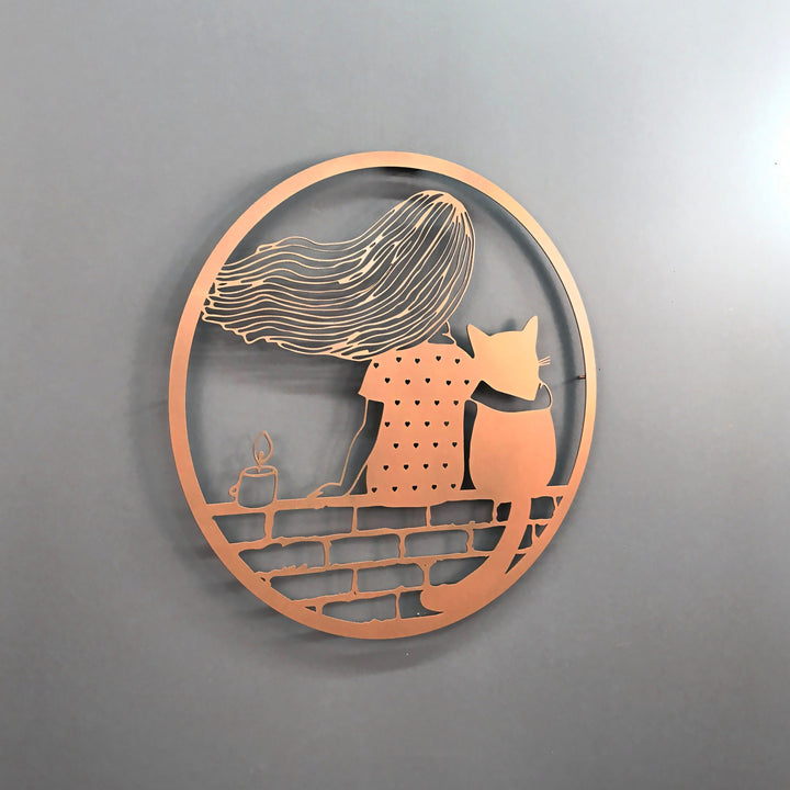 Kız ve Kedi Dekoratif Metal Duvar Tablosu - Metal Dekor