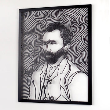 Van Gogh otoportre metal tablosu yakın çekim, girdap desenli arka plan ve siyah çerçeve