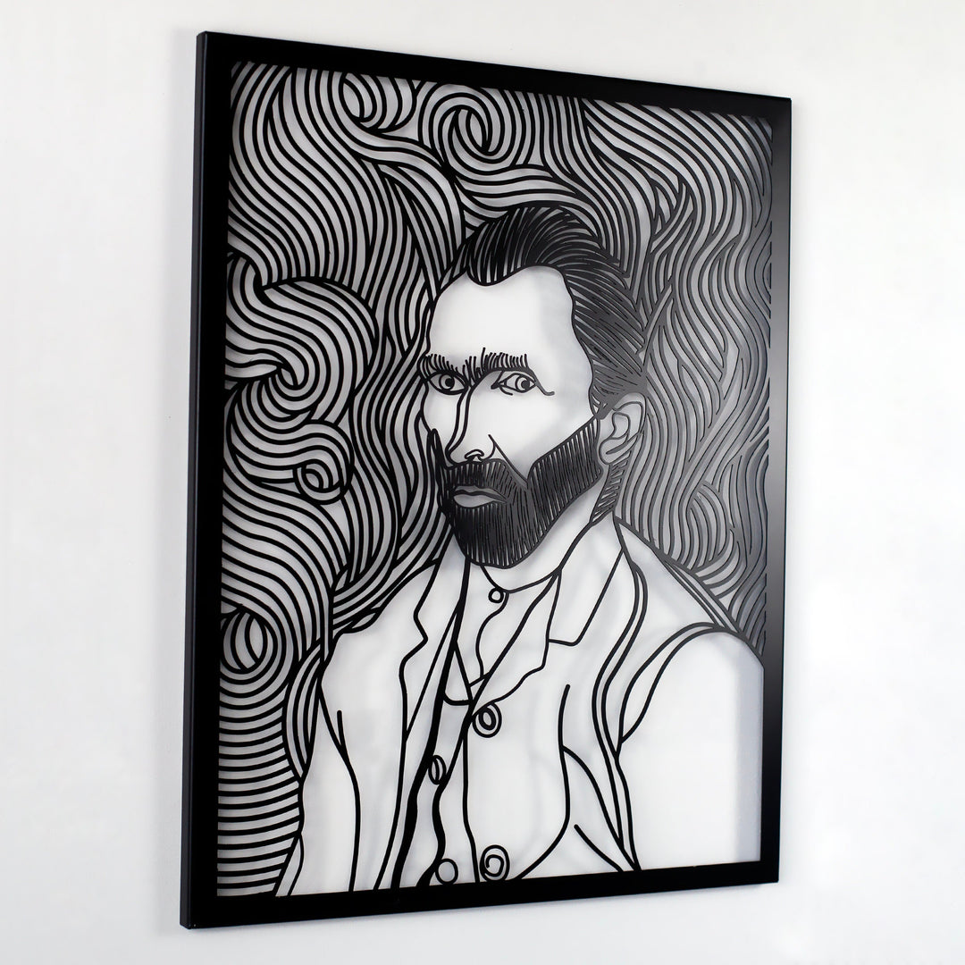 Siyah Van Gogh otoportre metal duvar dekoru, sağdan açılı çekimle çerçeve ve portre hatları