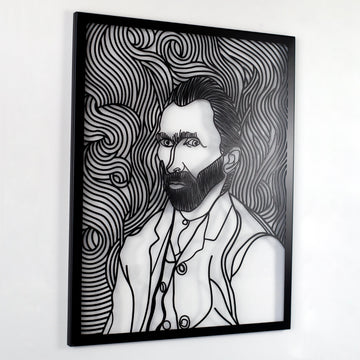 Siyah Van Gogh otoportre metal duvar dekoru, sağdan açılı çekimle çerçeve ve portre hatları