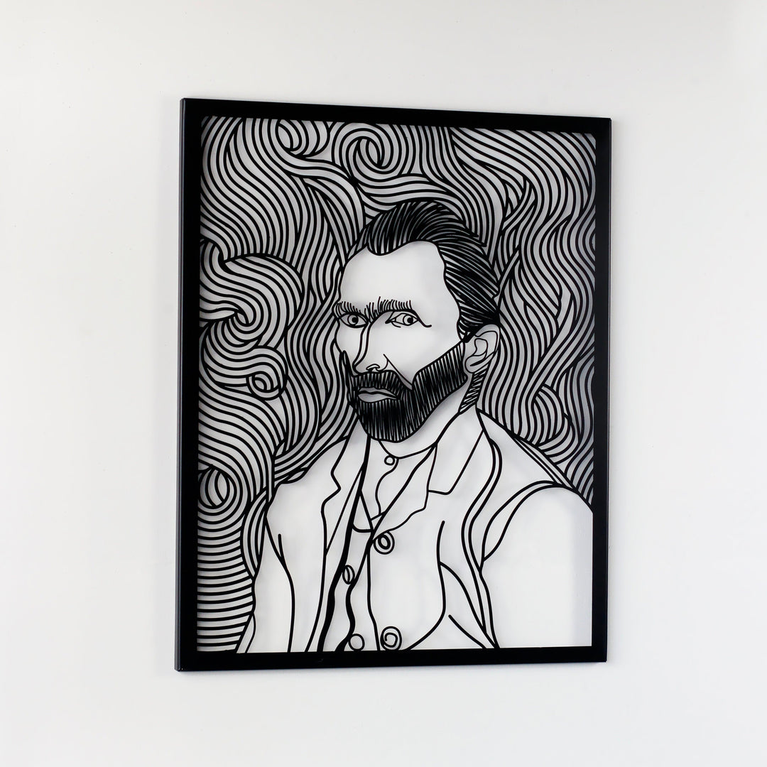 Siyah Van Gogh otoportre metal duvar tablosu, beyaz duvarda hafif yan açıyla çerçeveli görünüm