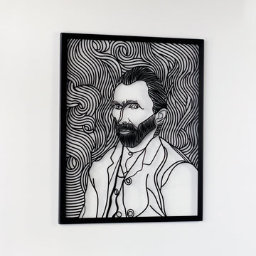 Siyah Van Gogh otoportre metal duvar tablosu, beyaz duvarda hafif yan açıyla çerçeveli görünüm