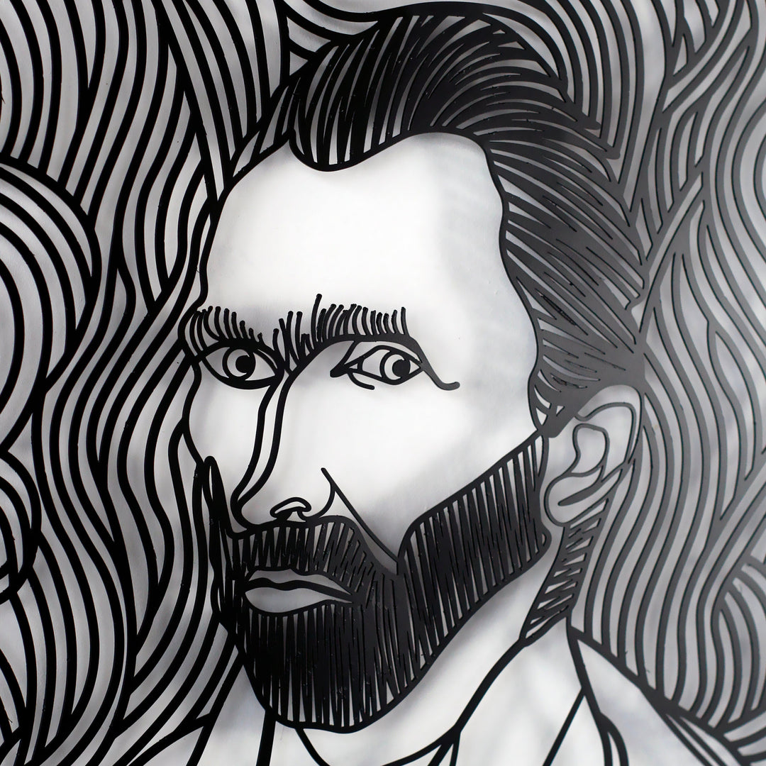 Van Gogh otoportre metal tablosunun yüz bölümü yakın çekim, kesilmiş girdap hatları ve sakal detayı