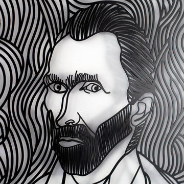 Van Gogh otoportre metal tablosunun yüz bölümü yakın çekim, kesilmiş girdap hatları ve sakal detayı